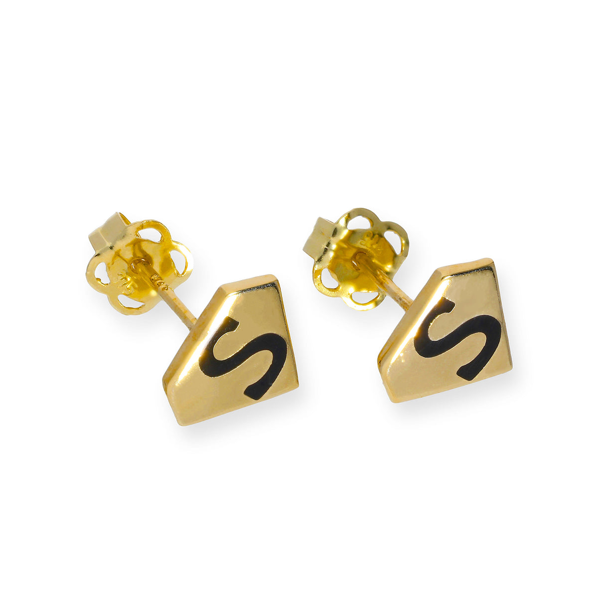 Boucles d'oreilles à tige en or 9 carats et émail noir en forme de bouclier S