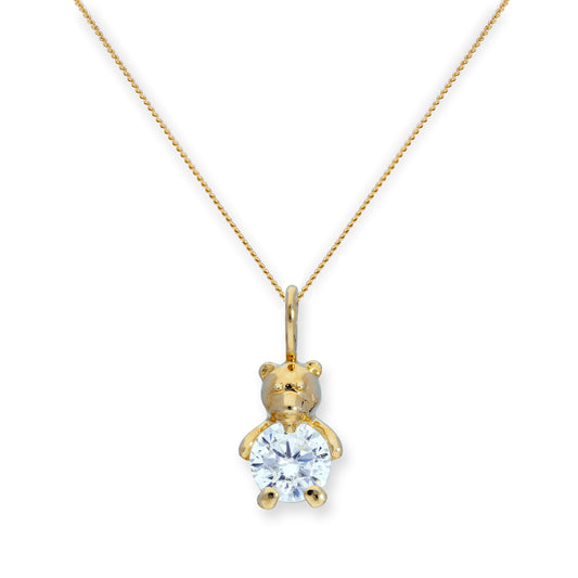 Collier avec pendentif ours en peluche en or 9 carats et cristal CZ transparent, 40 à 50 cm