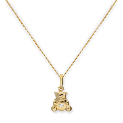 Collier avec pendentif en forme d'ours en peluche en or 9 carats et cœur en cristal CZ transparent, 40 à 50 cm