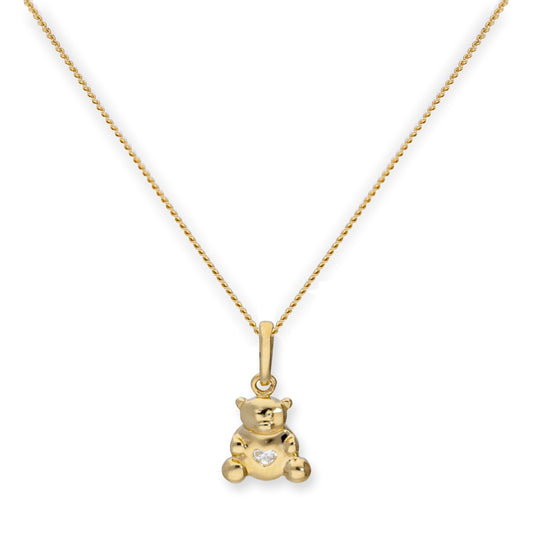 Collier avec pendentif en forme d'ours en peluche en or 9 carats et cœur en cristal CZ transparent, 40 à 50 cm