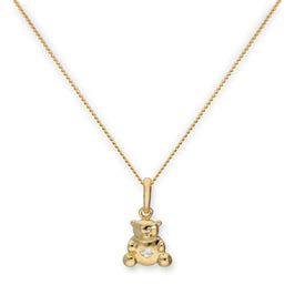 Collier avec pendentif en forme d'ours en peluche en or 9 carats et cœur en cristal CZ transparent, 40 à 50 cm