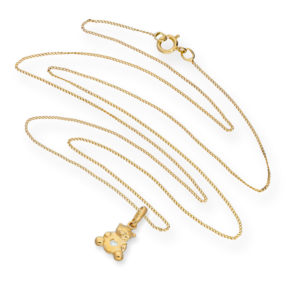 Collier avec pendentif en forme d'ours en peluche en or 9 carats et cœur en cristal CZ transparent, 40 à 50 cm