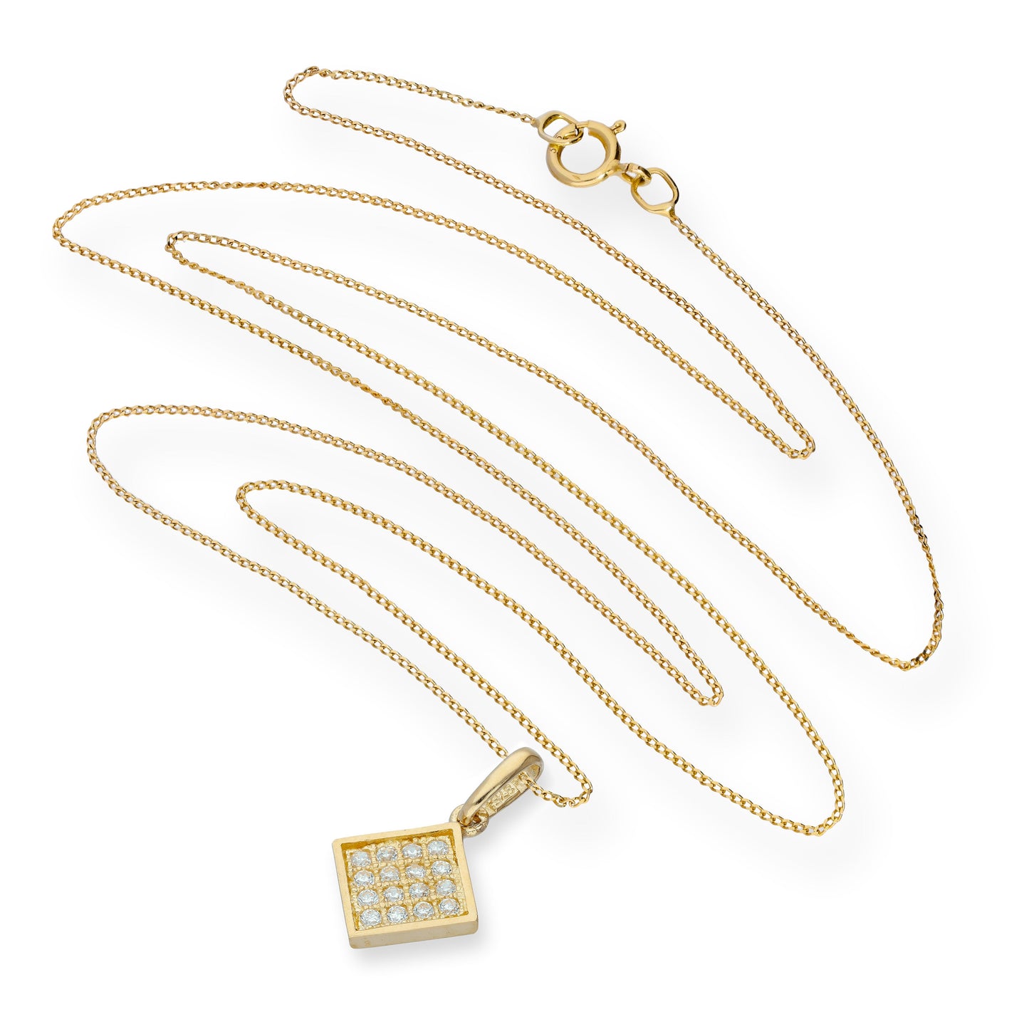 Collier avec pendentif carré plat en or 9 carats et cristal CZ transparent, 40 à 50 cm