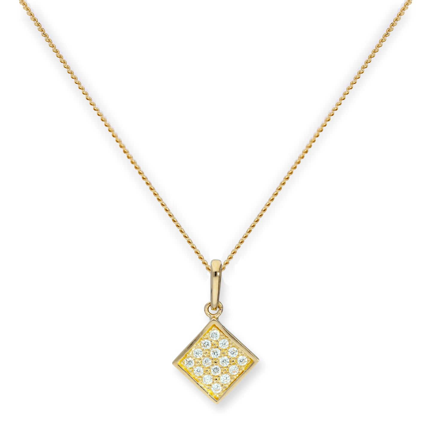 Collier avec pendentif carré plat en or 9 carats et cristal CZ transparent, 40 à 50 cm