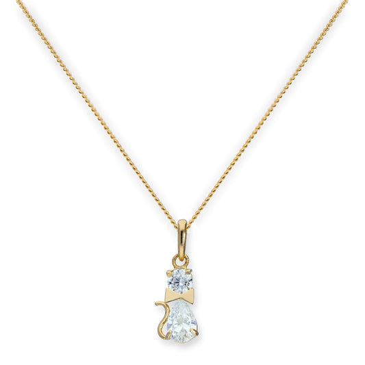 Collier avec pendentif en forme de chat avec nœud en or 9 carats et cristal CZ transparent, 40 à 50 cm