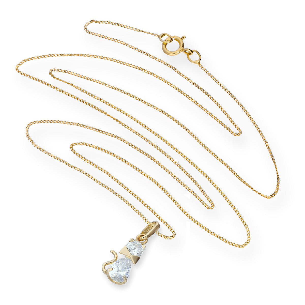 Collier avec pendentif en forme de chat avec nœud en or 9 carats et cristal CZ transparent, 40 à 50 cm