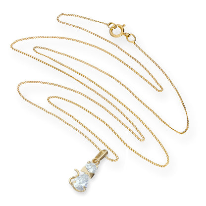 Collier avec pendentif en forme de chat avec nœud en or 9 carats et cristal CZ transparent, 40 à 50 cm
