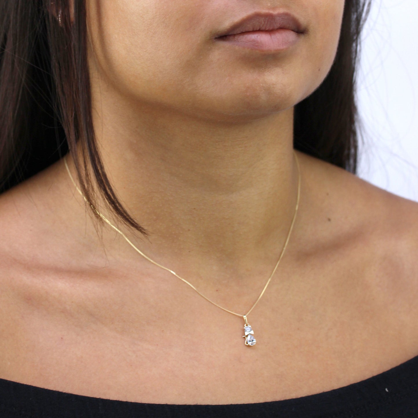 Collier avec pendentif en forme de chat avec nœud en or 9 carats et cristal CZ transparent, 40 à 50 cm
