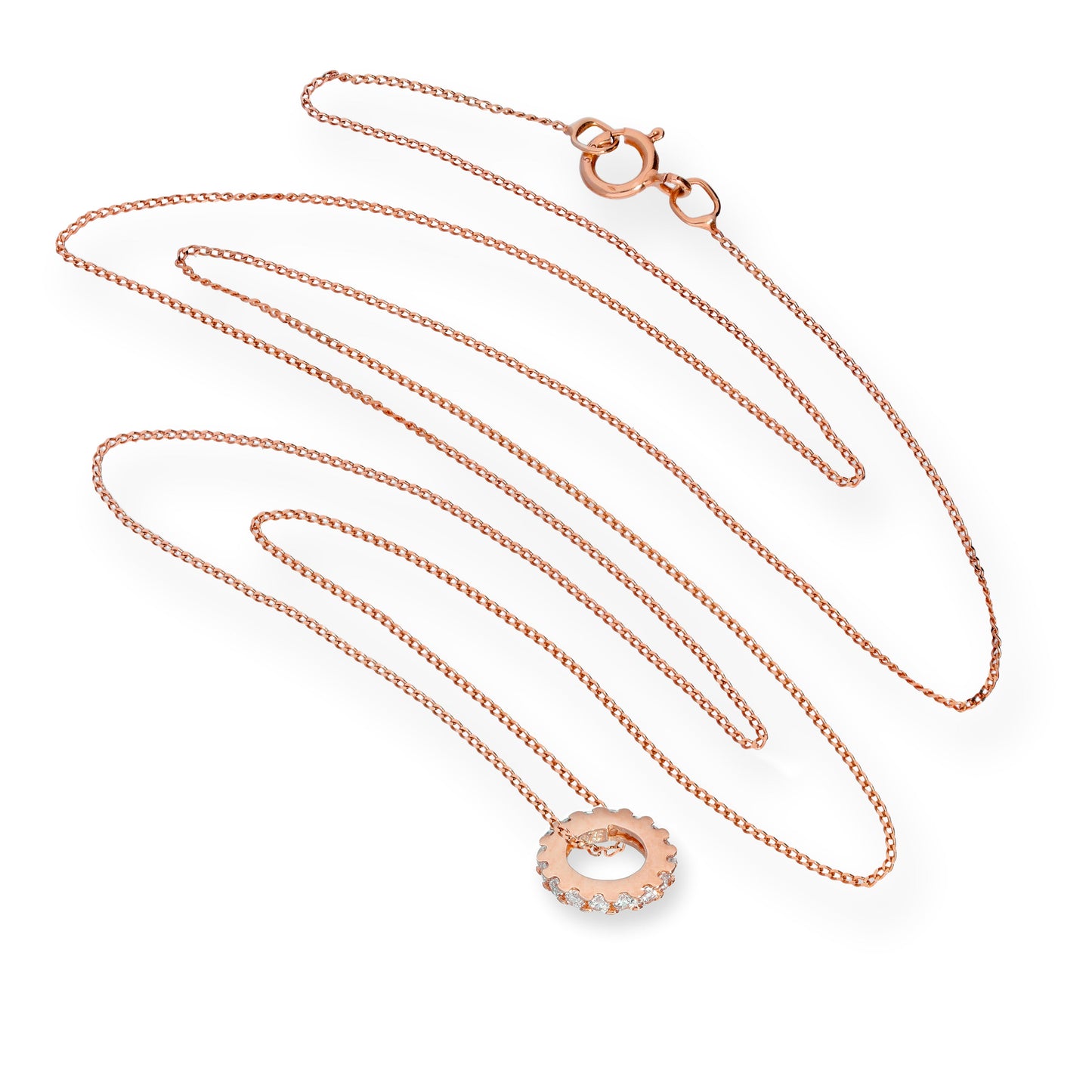 Collier avec pendentif en forme de roue en or rose 9 carats et cristal CZ transparent, 40 à 45 cm