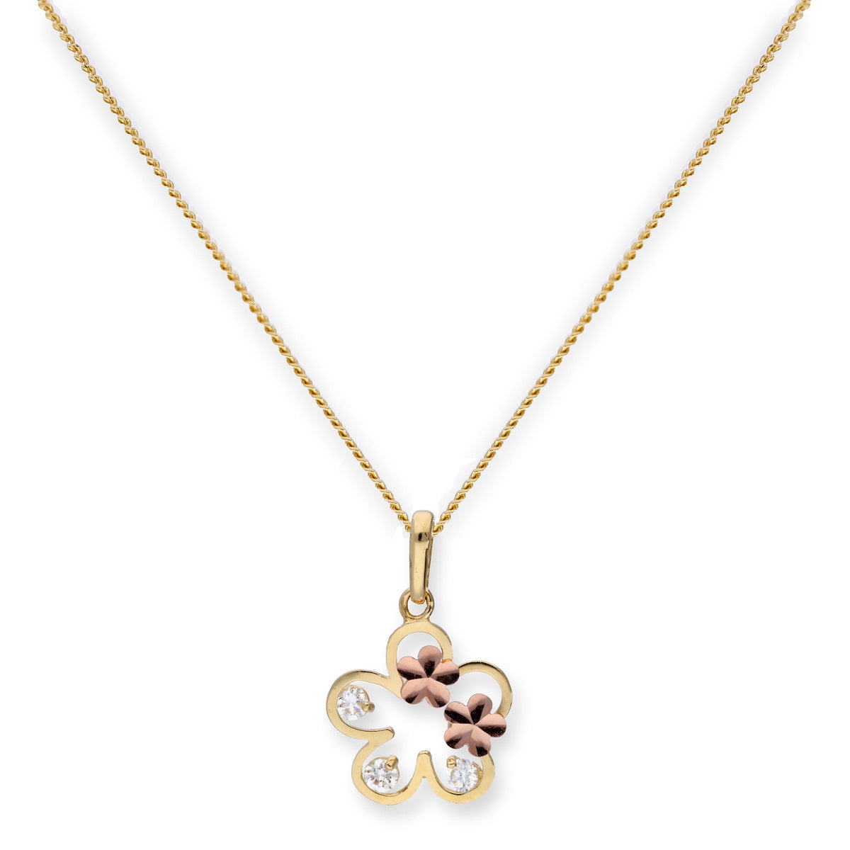 Pendentif en or 9 carats et cristal CZ transparent avec contour de fleur et fleurs en or rose