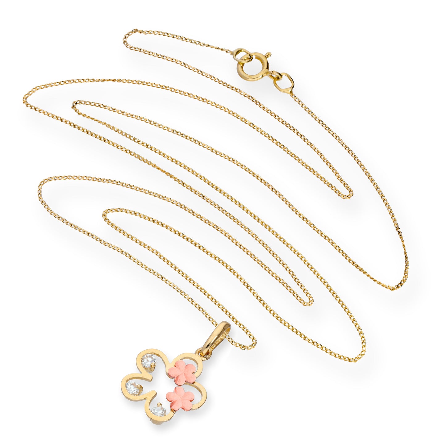Pendentif en or 9 carats et cristal CZ transparent avec contour de fleur et fleurs en or rose