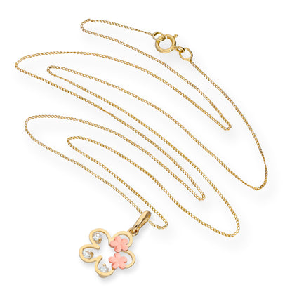 Pendentif en or 9 carats et cristal CZ transparent avec contour de fleur et fleurs en or rose