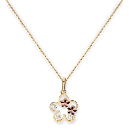 Pendentif en or 9 carats et cristal CZ transparent avec contour de fleur et fleurs en or rose