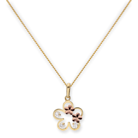 Pendentif en or 9 carats et cristal CZ transparent avec contour de fleur et fleurs en or rose
