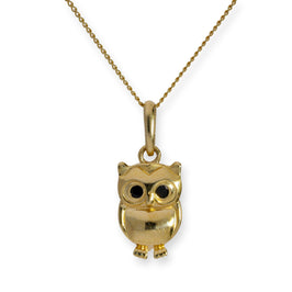 Collier avec pendentif hibou en or 9 carats et cristal CZ noir, 40 à 50 cm