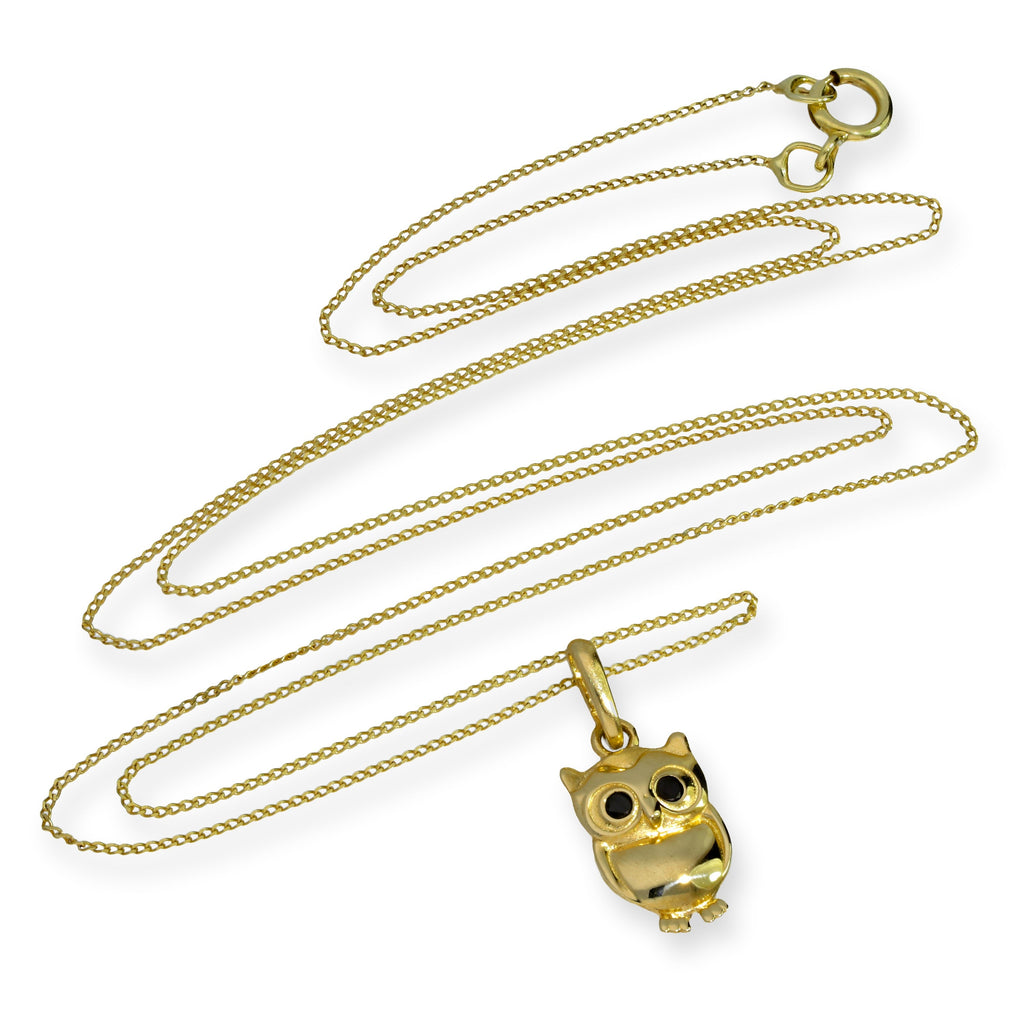 Collier avec pendentif hibou en or 9 carats et cristal CZ noir, 40 à 50 cm