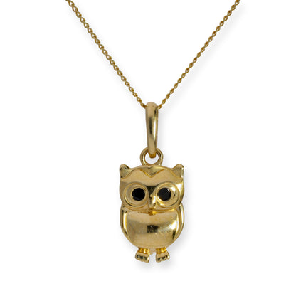 Collier avec pendentif hibou en or 9 carats et cristal CZ noir, 40 à 50 cm