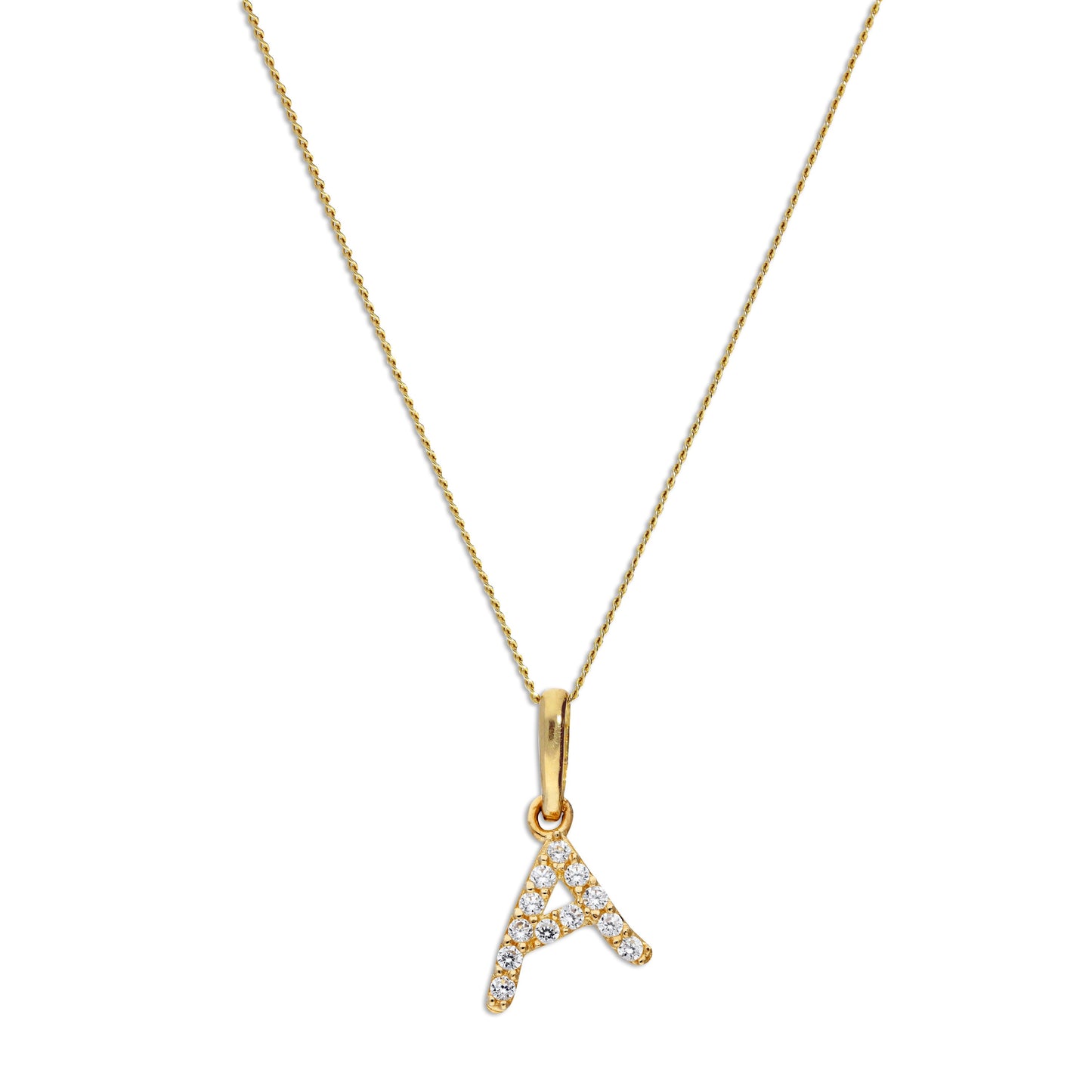 Pendentif lettre A en or 9 carats et cristal CZ transparent sur chaîne de 40 à 50 cm