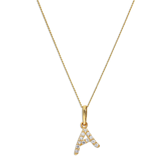 Pendentif lettre A en or 9 carats et cristal CZ transparent sur chaîne de 40 à 50 cm