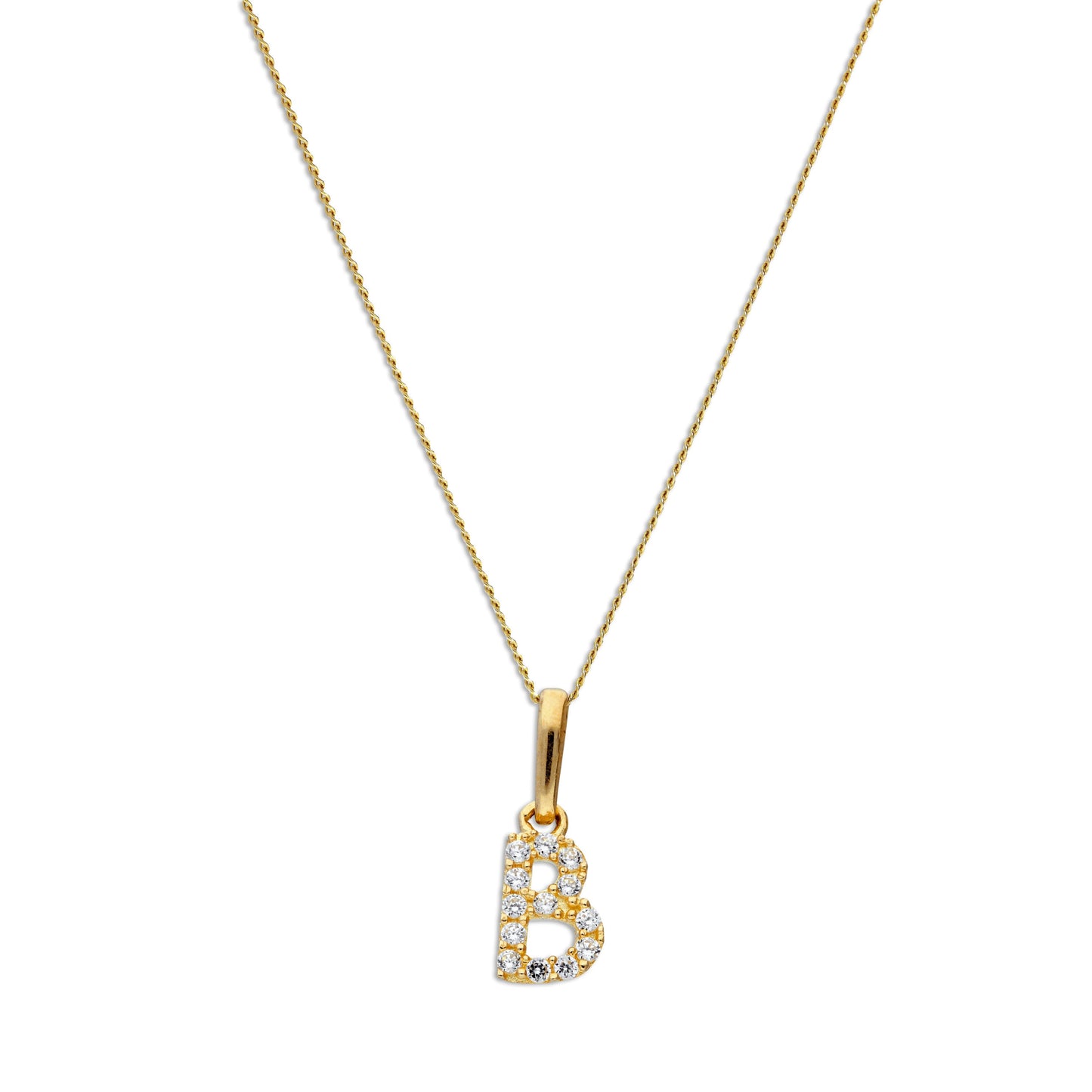 Pendentif lettre B en or 9 carats et cristal CZ transparent sur chaîne de 40 à 50 cm