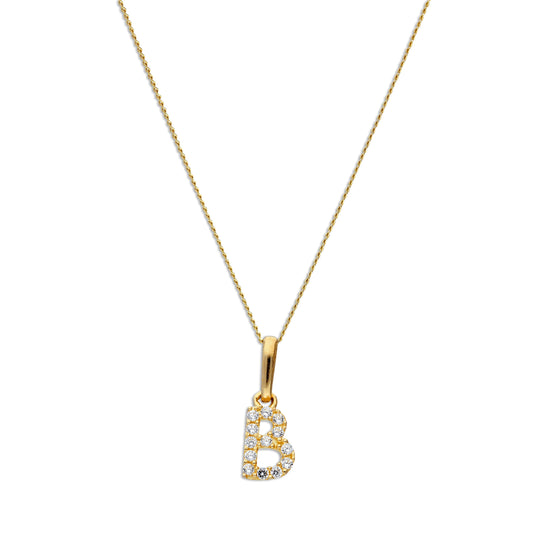 Pendentif lettre B en or 9 carats et cristal CZ transparent sur chaîne de 40 à 50 cm