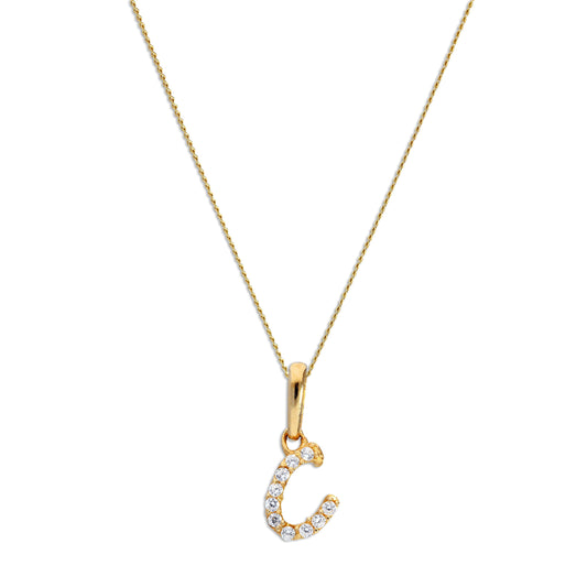 Pendentif lettre C en or 9 carats et cristal CZ transparent sur chaîne de 40 à 50 cm