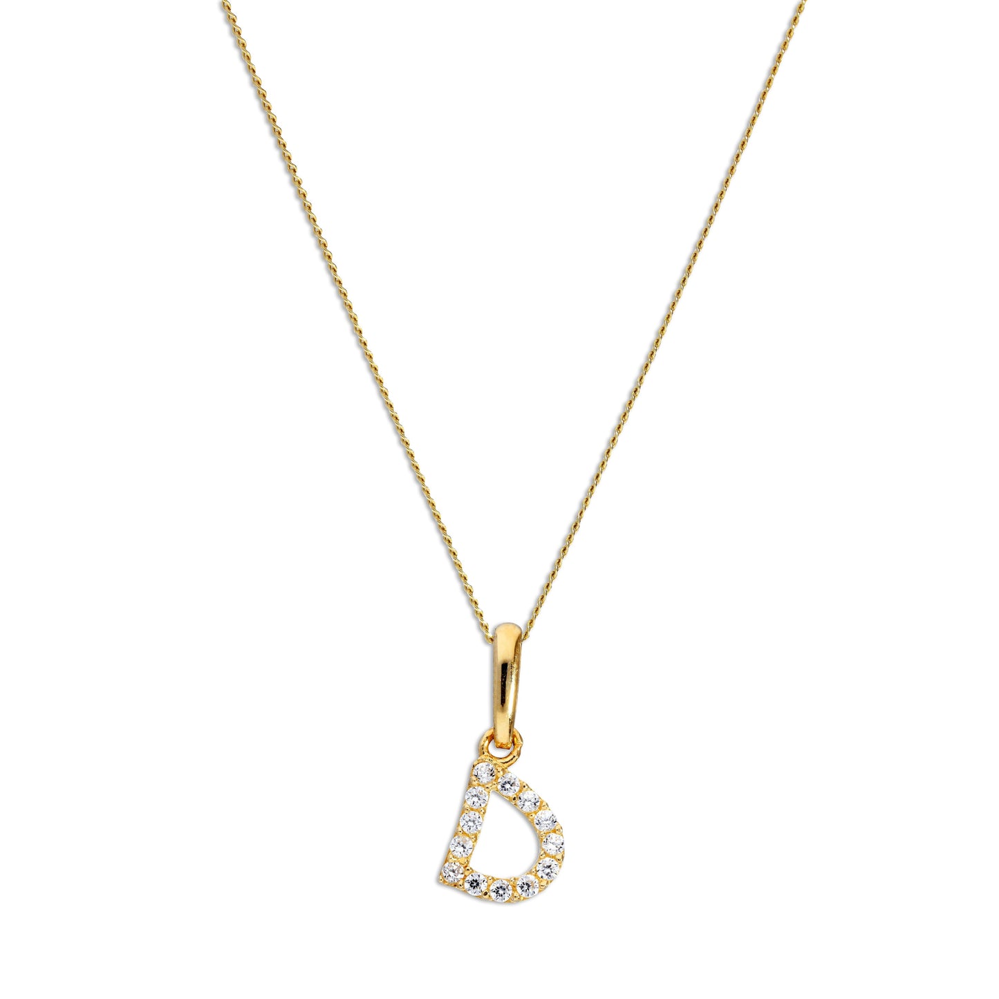 Pendentif lettre D en or 9 carats et cristal CZ transparent sur chaîne de 40 à 50 cm