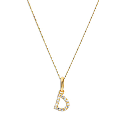 Pendentif lettre D en or 9 carats et cristal CZ transparent sur chaîne de 40 à 50 cm