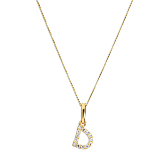 Pendentif lettre D en or 9 carats et cristal CZ transparent sur chaîne de 40 à 50 cm