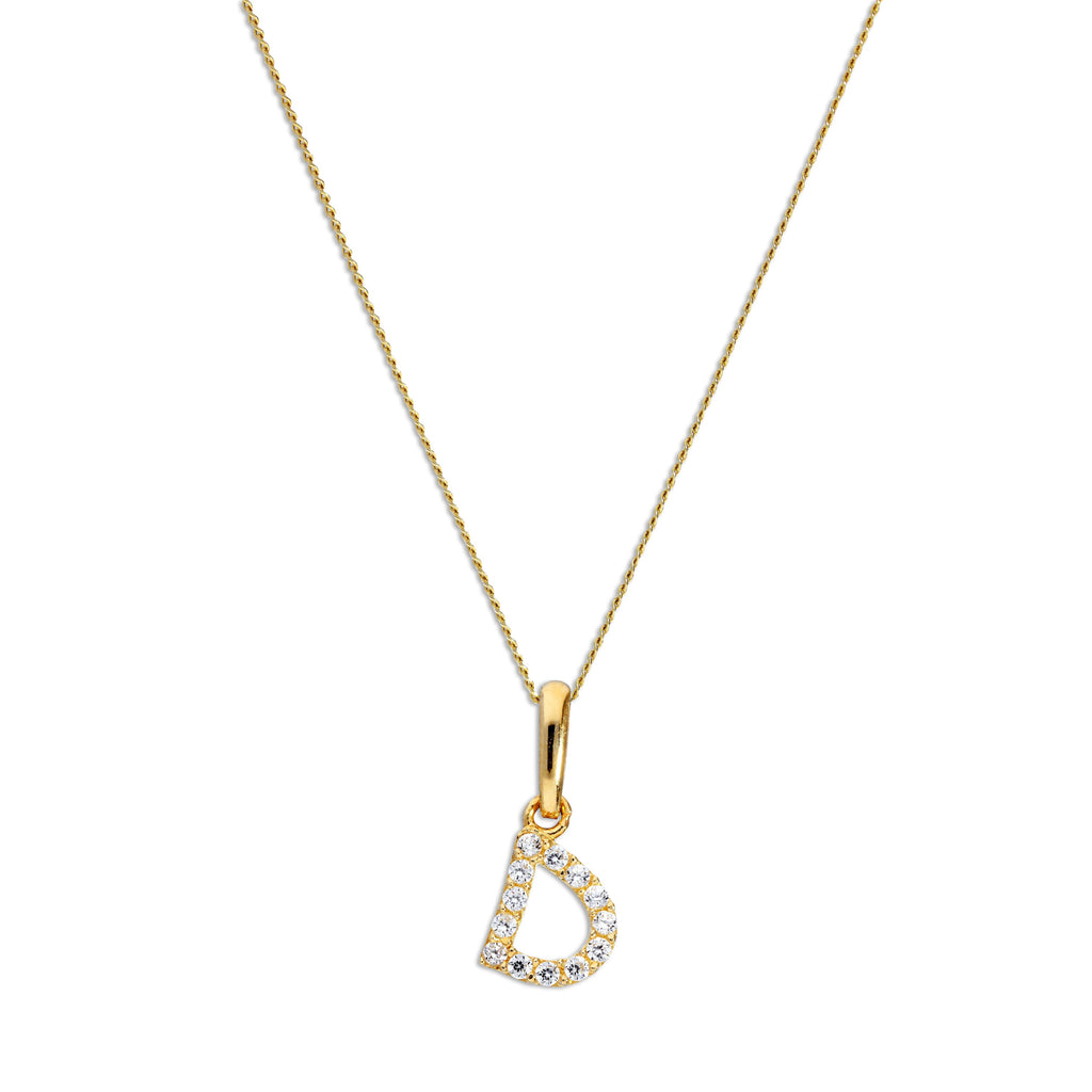 Pendentif lettre D en or 9 carats et cristal CZ transparent sur chaîne de 40 à 50 cm
