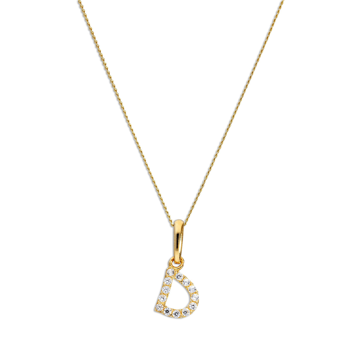 Pendentif lettre D en or 9 carats et cristal CZ transparent sur chaîne de 40 à 50 cm