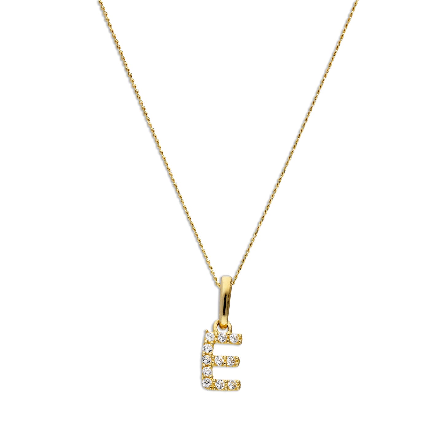 Pendentif lettre E en or 9 carats et cristal CZ transparent sur chaîne de 40 à 50 cm