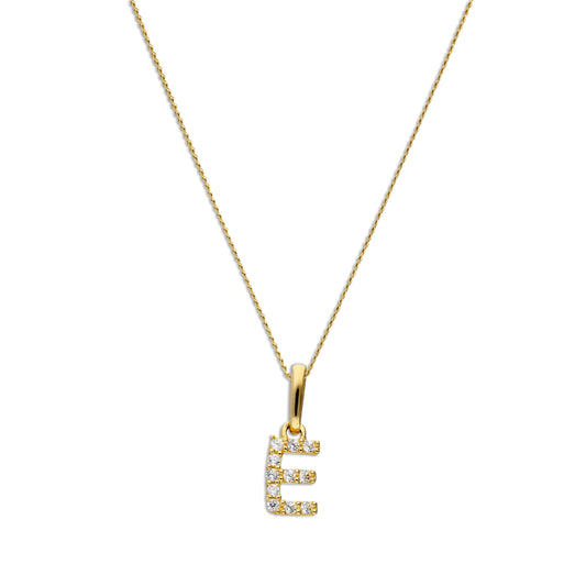 Pendentif lettre E en or 9 carats et cristal CZ transparent sur chaîne de 40 à 50 cm