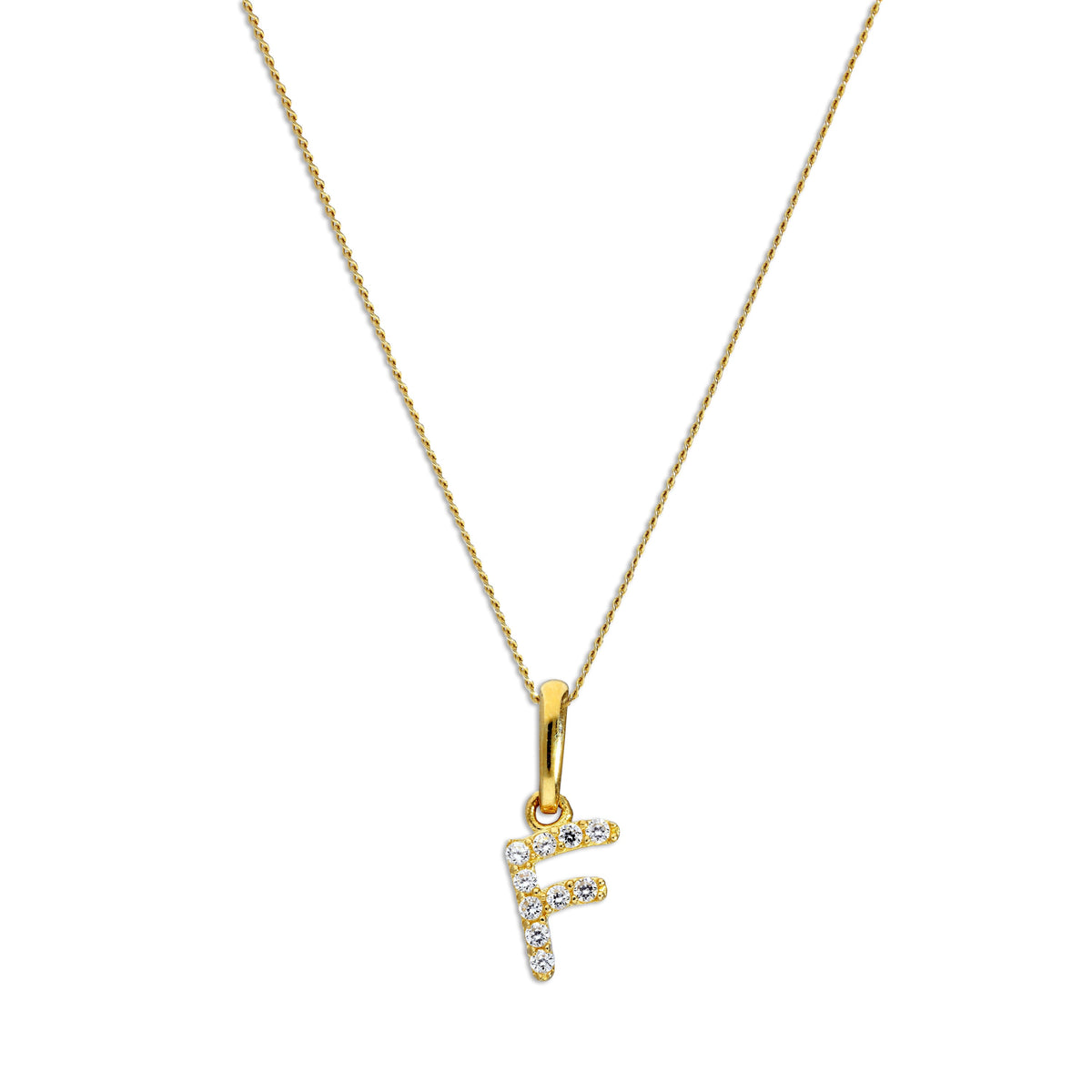 Pendentif lettre F en or 9 carats et cristal CZ transparent sur chaîne de 40 à 50 cm