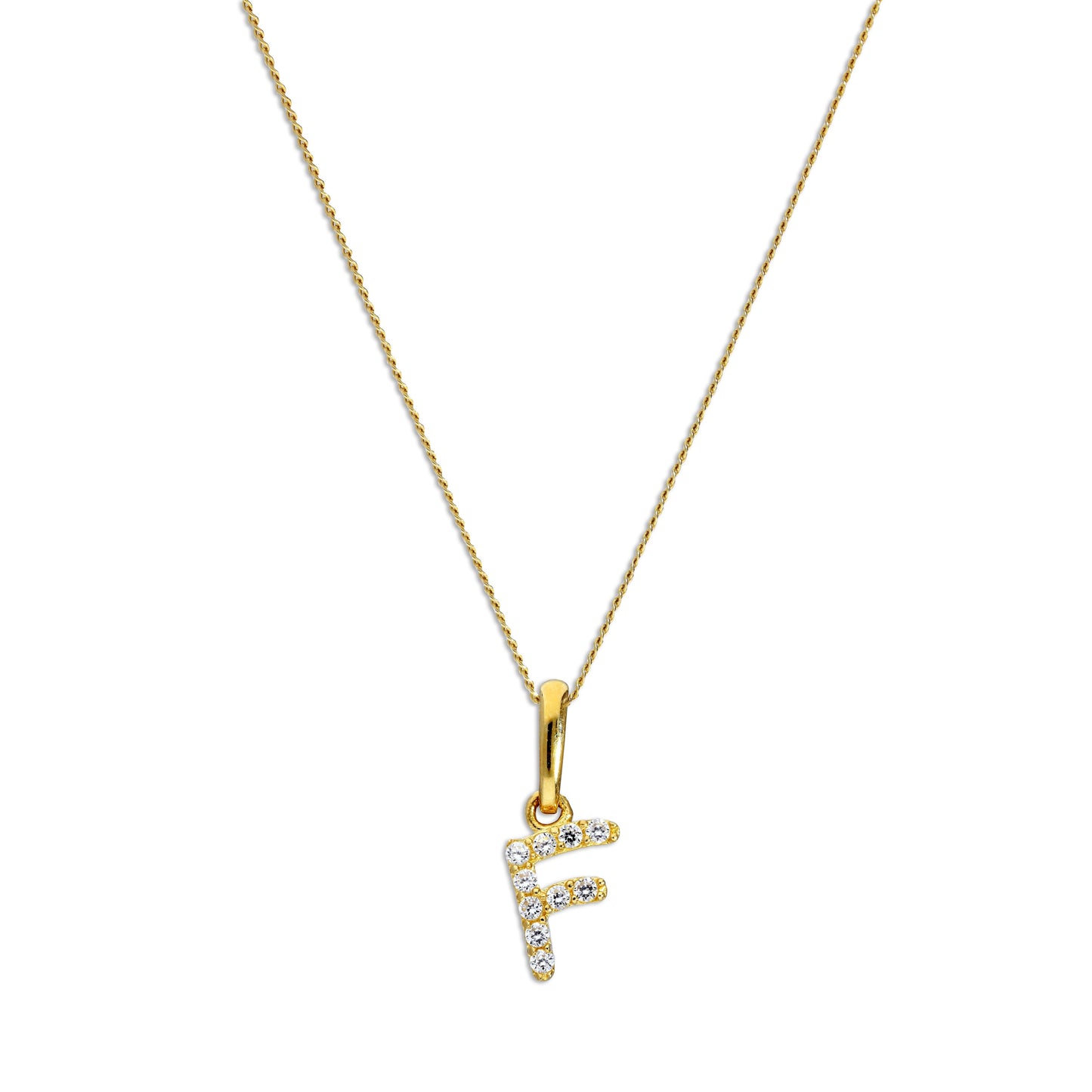 Pendentif lettre F en or 9 carats et cristal CZ transparent sur chaîne de 40 à 50 cm