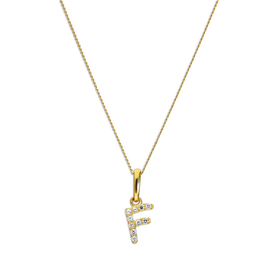 Pendentif lettre F en or 9 carats et cristal CZ transparent sur chaîne de 40 à 50 cm