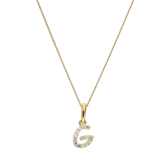 Pendentif lettre G en or 9 carats et cristal CZ transparent sur chaîne de 40 à 50 cm