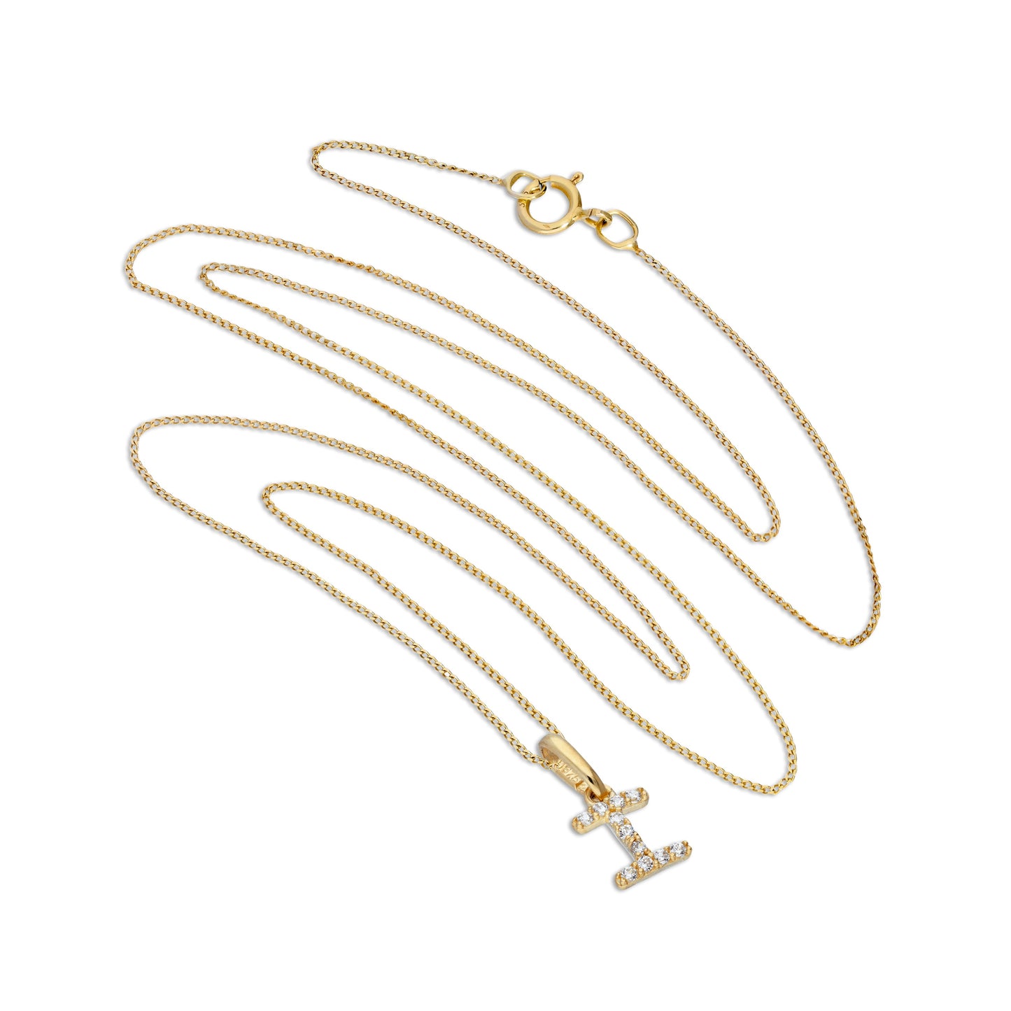 Pendentif lettre I en or 9 carats et cristal CZ transparent sur chaîne de 40 à 50 cm