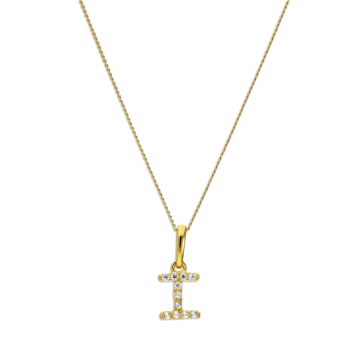 Pendentif lettre I en or 9 carats et cristal CZ transparent sur chaîne de 40 à 50 cm