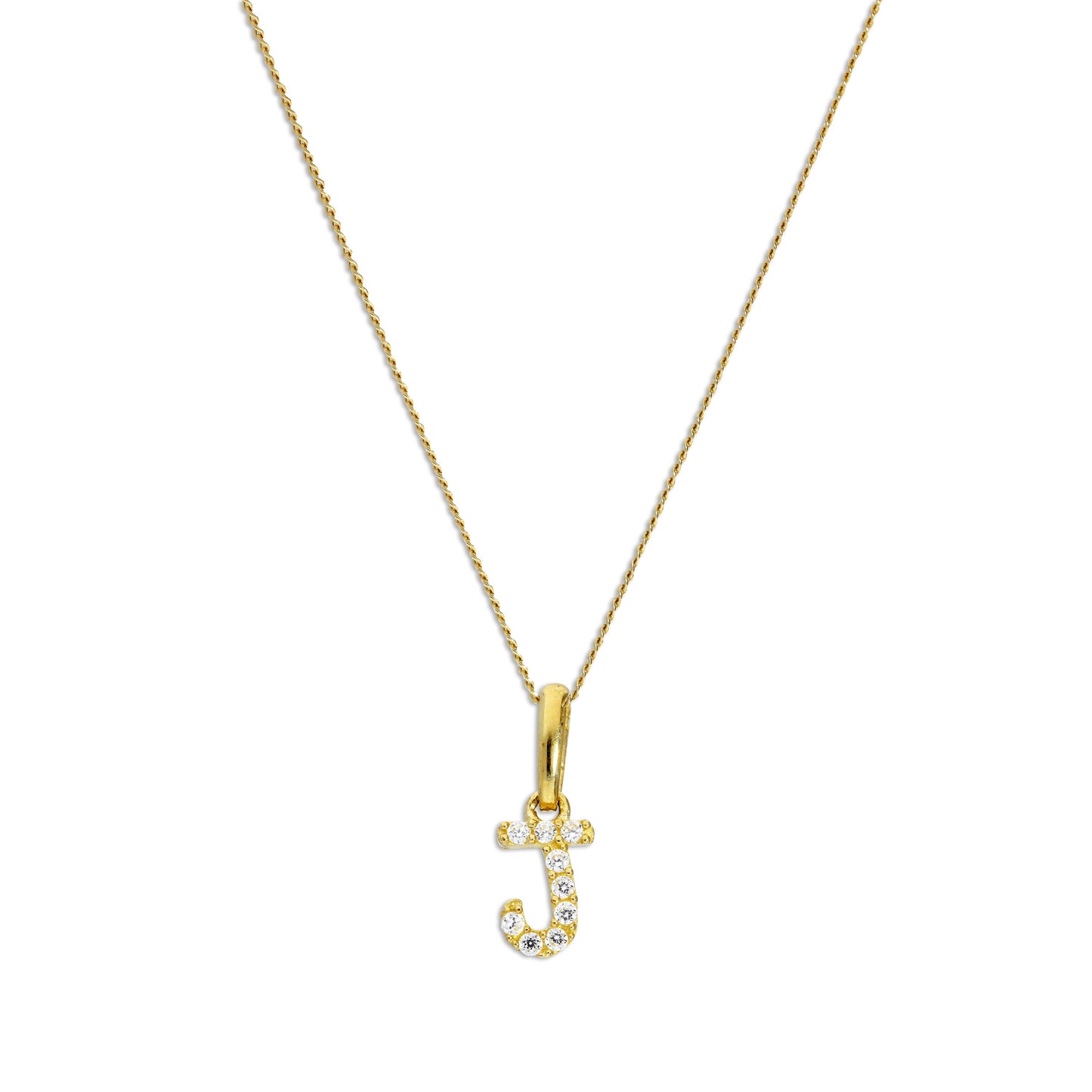 Pendentif lettre J en or 9 carats et cristal CZ transparent sur chaîne de 40 à 50 cm