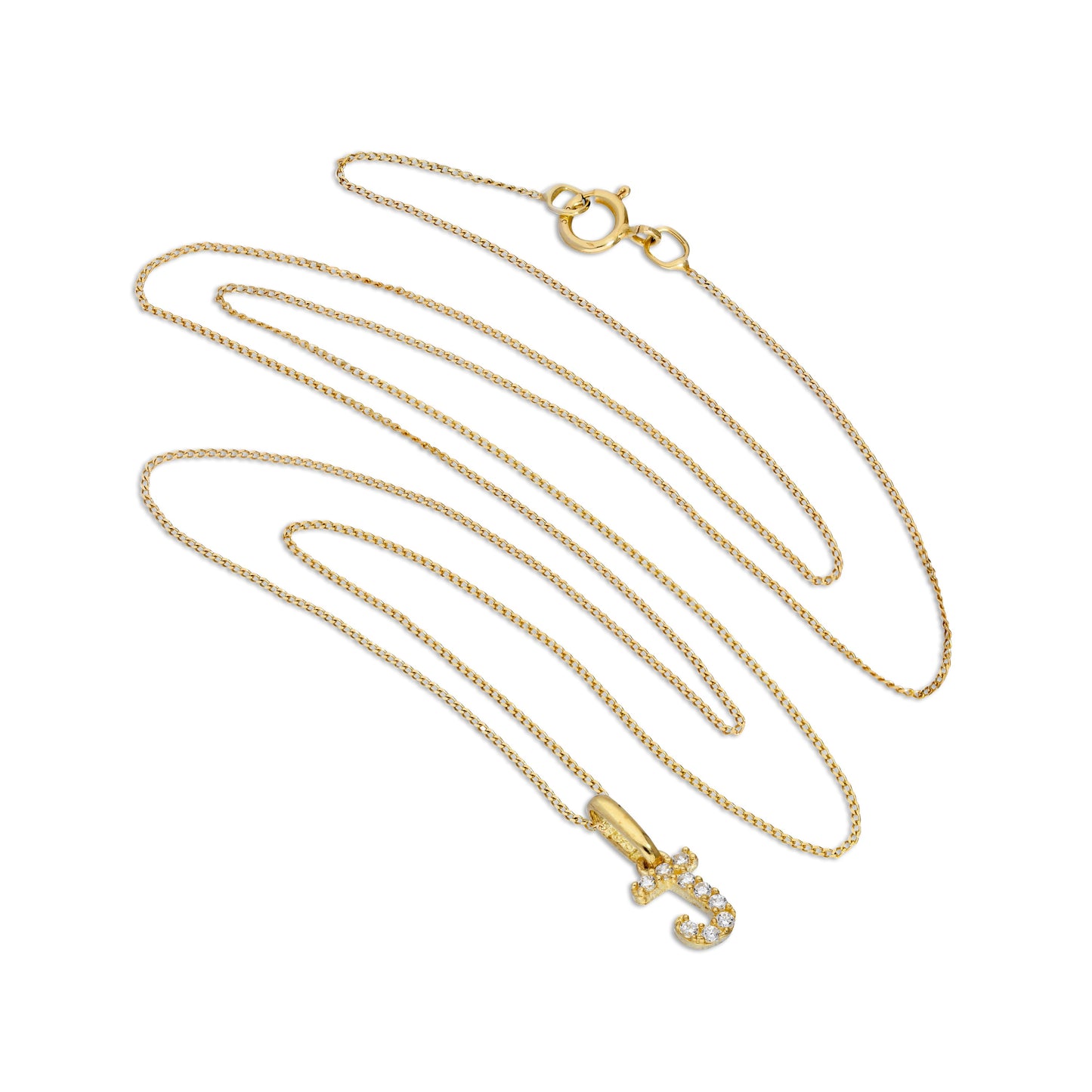 Pendentif lettre J en or 9 carats et cristal CZ transparent sur chaîne de 40 à 50 cm