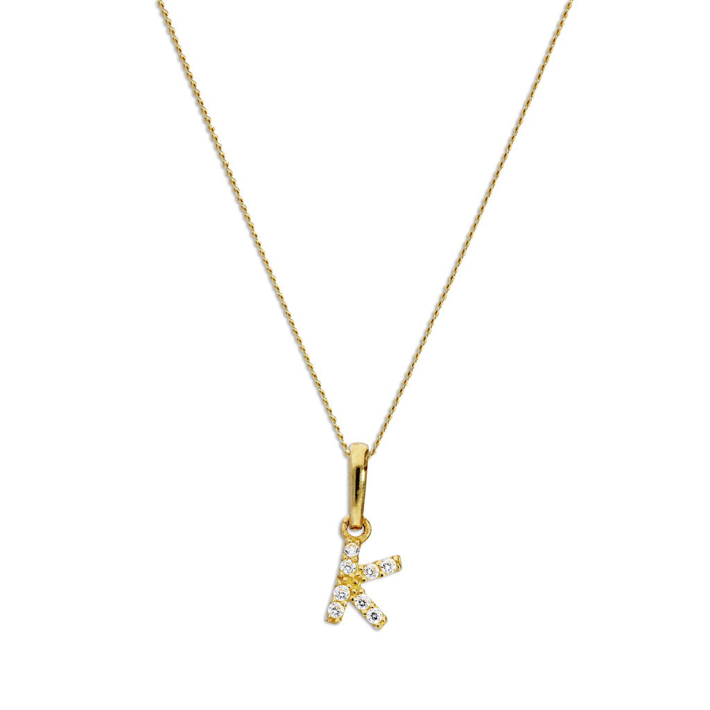 Pendentif lettre K en or 9 carats et cristal CZ transparent sur chaîne de 40 à 50 cm