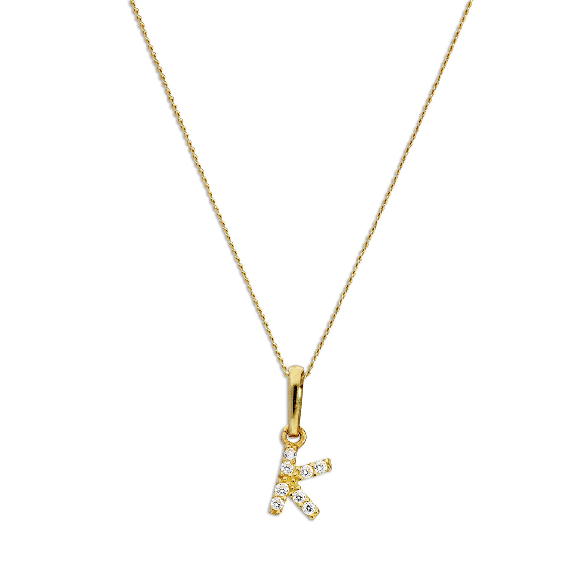 Pendentif lettre K en or 9 carats et cristal CZ transparent sur chaîne de 40 à 50 cm