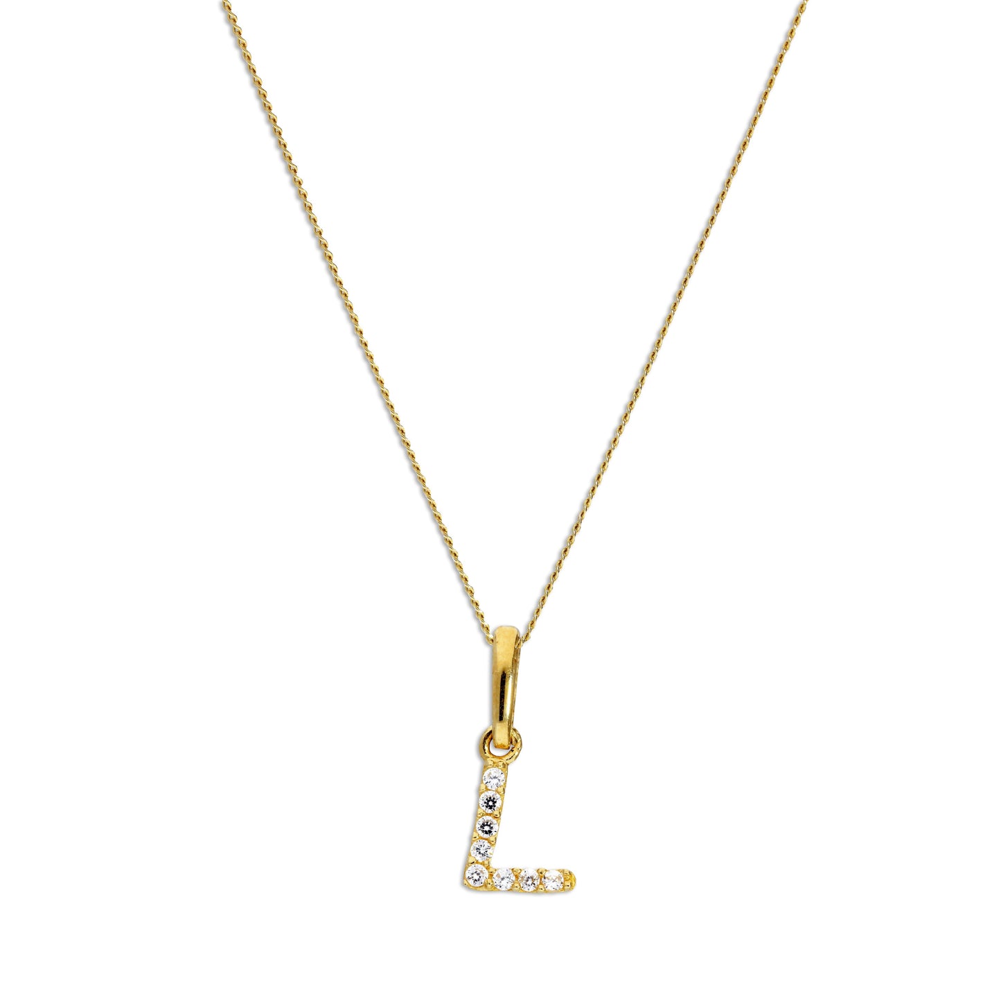 Pendentif lettre L en or 9 carats et cristal CZ transparent sur chaîne de 40 à 50 cm