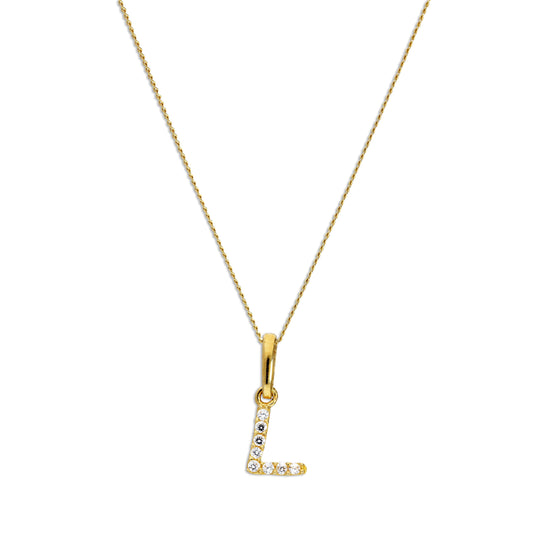 Pendentif lettre L en or 9 carats et cristal CZ transparent sur chaîne de 40 à 50 cm
