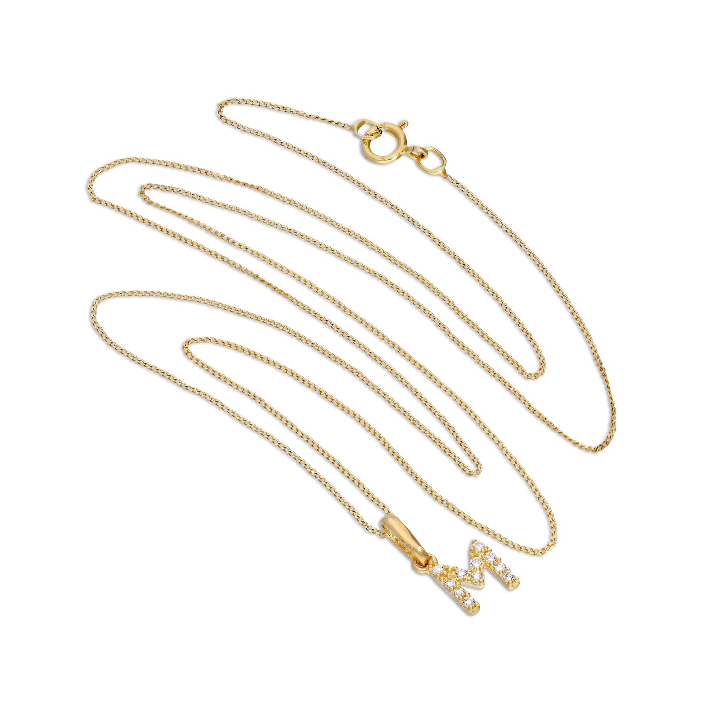 Pendentif lettre M en or 9 carats et cristal CZ transparent sur chaîne de 40 à 50 cm