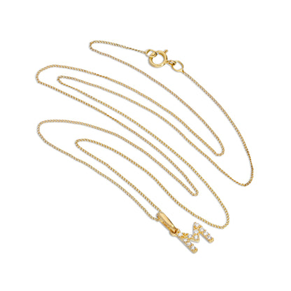 Pendentif lettre M en or 9 carats et cristal CZ transparent sur chaîne de 40 à 50 cm