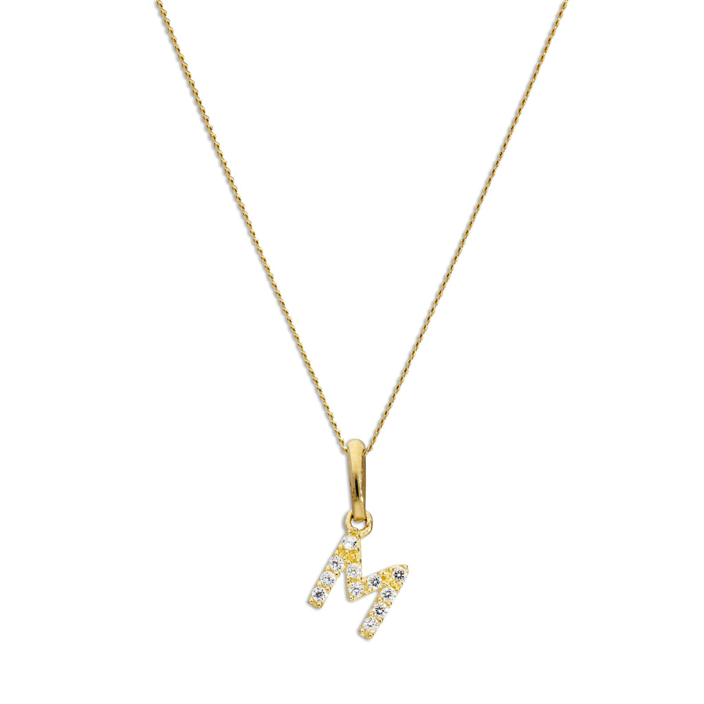 Pendentif lettre M en or 9 carats et cristal CZ transparent sur chaîne de 40 à 50 cm