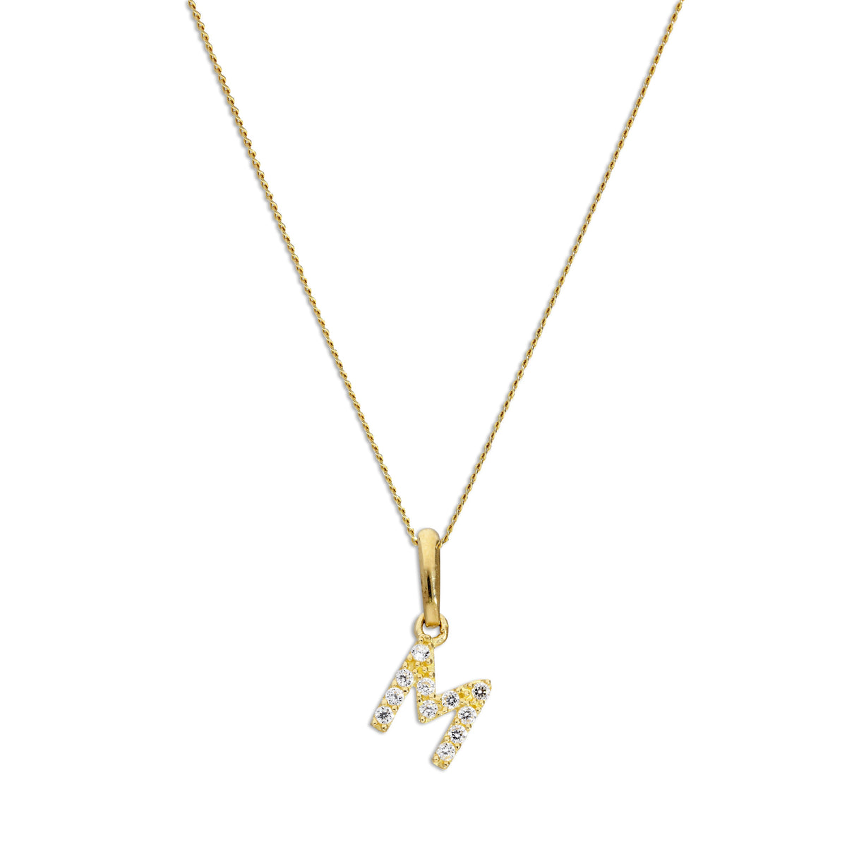 Pendentif lettre M en or 9 carats et cristal CZ transparent sur chaîne de 40 à 50 cm