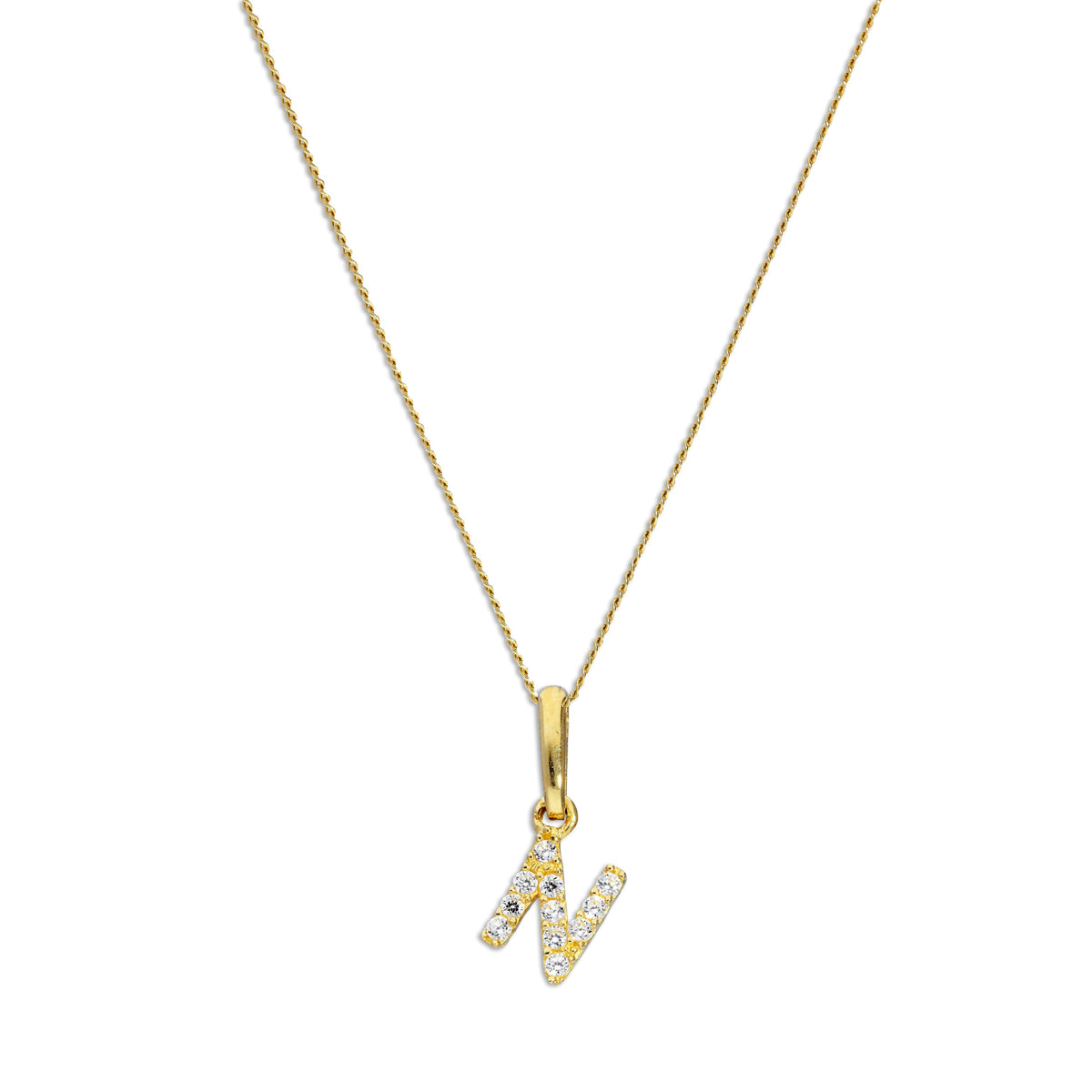 Pendentif lettre N en or 9 carats et cristal CZ transparent sur chaîne de 40 à 50 cm